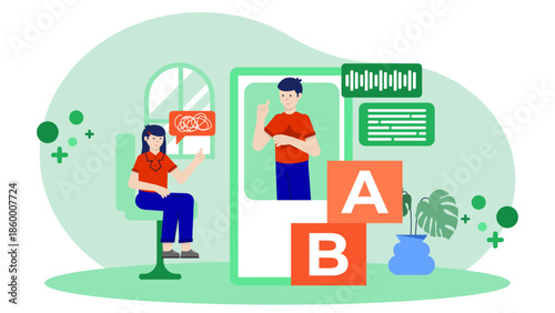 Online Speech Therapist Helping a Child with Pronunciation. Flat Vector Illustration