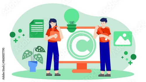 Digital Rights Management Team Protecting Intellectual Property. Flat Vector Illustration