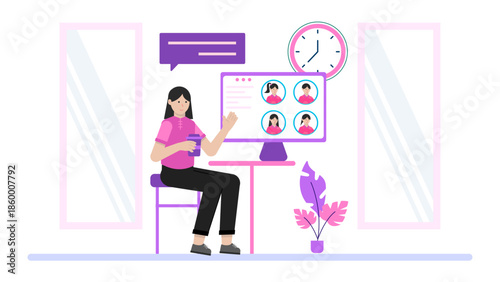 Remote Team Participating in a Digital Escape Room. Flat Vector Illustration