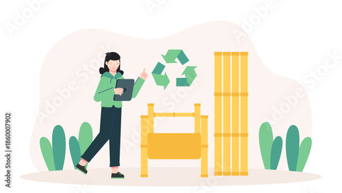 Sustainable Furniture Company Using Bamboo Materials. Flat Vector Illustration