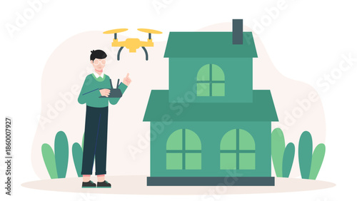Remote Building Inspector Using Drone Technology. Flat Vector Illustration
