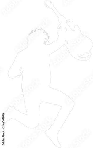 Energetic rock star guitarist silhouette jumping with electric guitar above his head monochrome outline vector