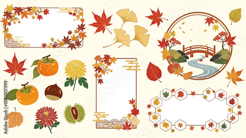 Autumn season decorative elements Falling leaves, persimmons, chestnuts, chrysanthemums, and bridges over rivers, perfect for seasonal invitations and decorations