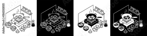 Isometric illustration of preparing and cooking traditional dumplings with fresh ingredients