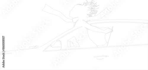 Minimalistic vector line art of a joyful person standing in a car sunroof with flowing hair and scarf symbolizing freedom and adventure