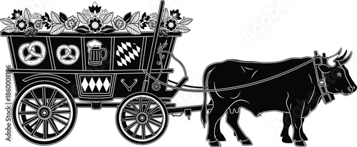 Bavarian beer wagon silhouette, ox-pulled cart, Oktoberfest vector, pretzel and mug symbols, festive transport, black illustration, cultural scene