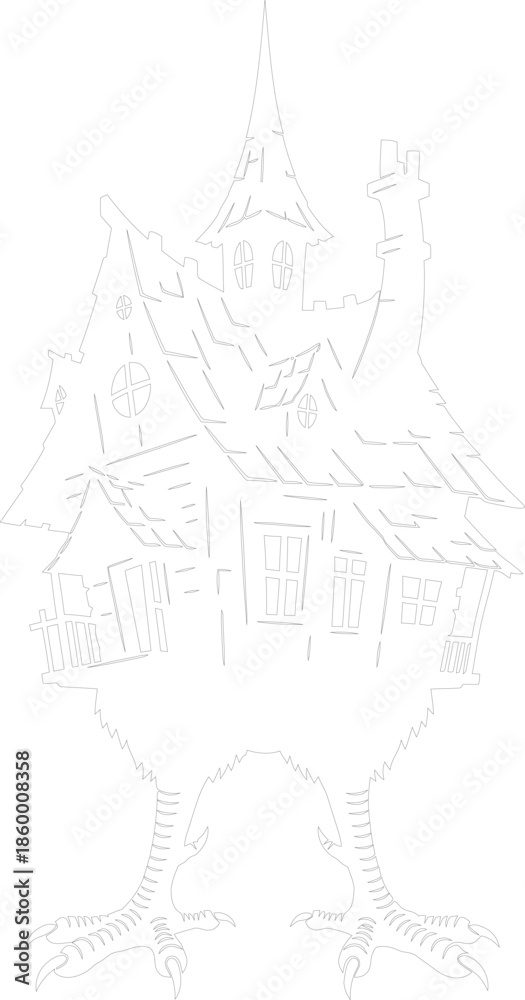 Obraz premium Baba Yaga Hut on Chicken Legs Outline Vector Drawing Fantasy Fairy Tale House Illustration