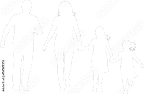 Black and White Outline Sketch of Family Walking Hand in Hand Vector Drawing Parents and Two Daughters Togetherness Concept