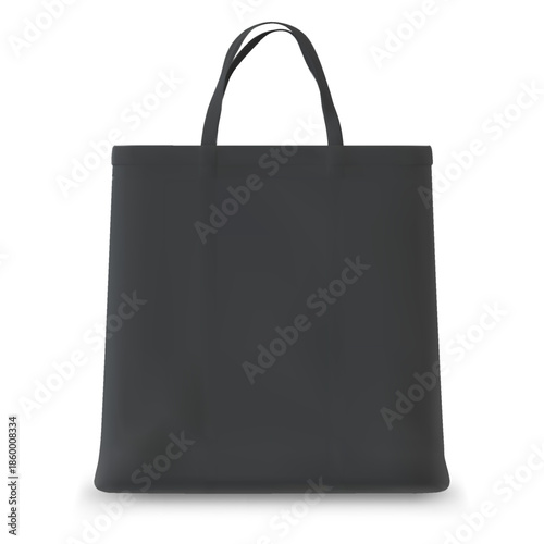 Tote bag mockup, realistic black fabric shopping bag, blank canvas hanging bag with handles, corporate identity item
