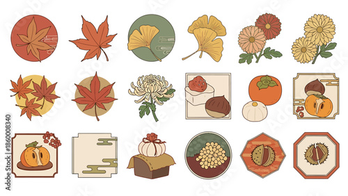 Traditional Japanese Autumn Elements Vector Pack Charming illustrations of fall foliage, chrysanthemums, persimmons, and chestnuts for seasonal designs