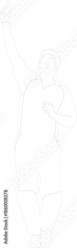 Minimalist outline drawing of ecstatic man jumping in celebration with raised arm success victory vector illustration