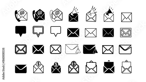Mail Icon Set Vector, Email Envelope Symbols Collection conversation message, text, email contact, reply, read and Notification States, Communication Icons on Transparent Background. icon sheet