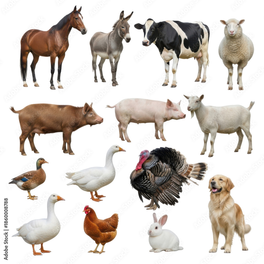 Obraz premium Collection of various farm animals isolated on transparent background