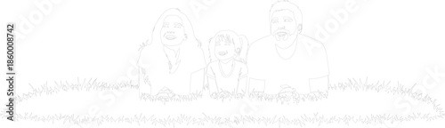 Outline vector illustration of a happy family mother father and child sitting in the grass on a white background