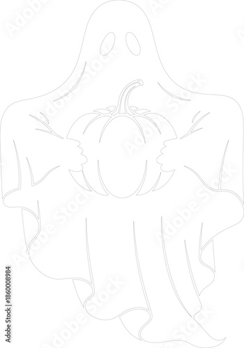 Simple Halloween Ghost Holding a Pumpkin Outline Vector Illustration for Coloring Page or Cut File