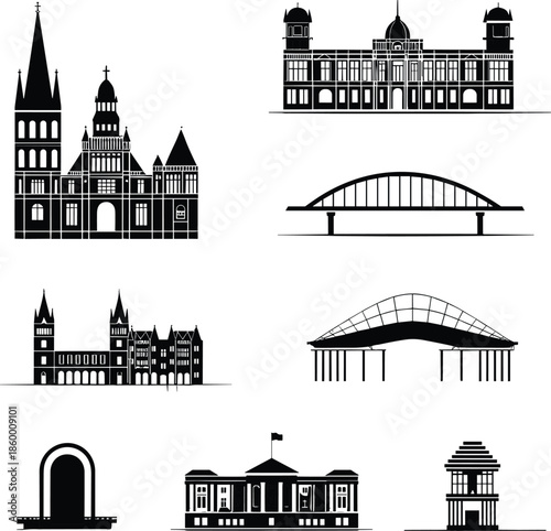Famous landmark building silhouettes collection, historical architecture icons set, black vector monuments, bridges, palaces, churches, city skyline illustration