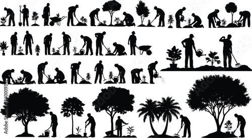 Large vector set of black silhouettes of elderly people using wheelchairs, walkers, and canes for mobility assistance on white background.