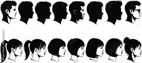 Vector set of black silhouettes and profile line art of men and women with various hairstyles and sunglasses on white background.