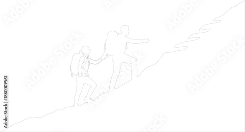 Two hikers climbing steep mountain terrain minimalist line art vector drawing showing support and teamwork adventure concept