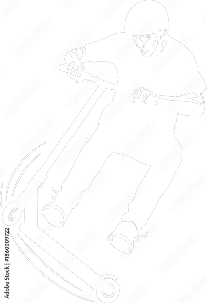 Fototapeta premium Vector outline of a stunt scooter rider performing an action trick or maneuver sport lifestyle line art illustration