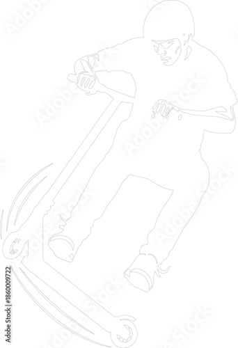 Vector outline of a stunt scooter rider performing an action trick or maneuver sport lifestyle line art illustration
