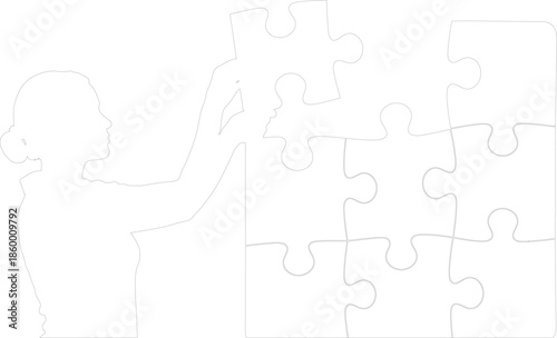 Woman Silhouette Placing Last Puzzle Piece Solving Problem Vector Outline Illustration