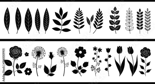 Black floral silhouette vector set with various leaves roses tulips and wildflowers isolated on white background for elegant nature themed graphic design