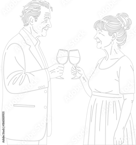 Elegant senior couple making a celebratory toast with wine glasses outline vector graphic line art illustration black and white