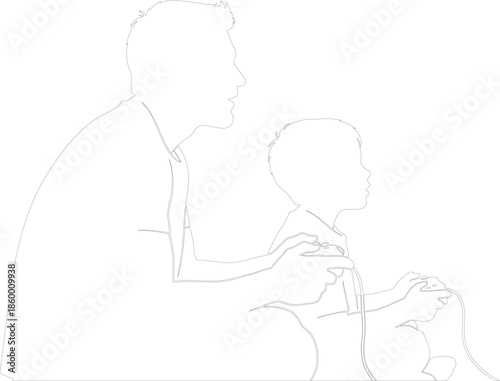 Line Art Vector Illustration of Father and Son Playing Video Games Together Family Bonding Outline