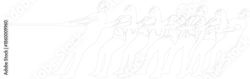 Tug of War Team Outline Vector Illustration People Pulling Rope Competition Line Art Drawing