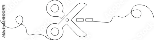 A pair of scissors cutting through a piece of string in a simple line drawing