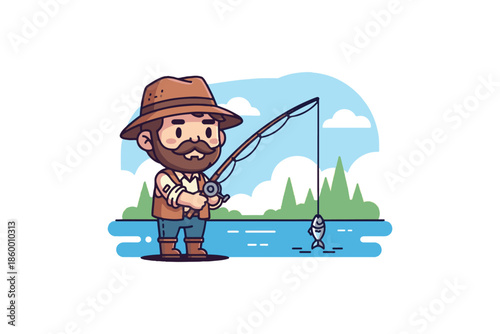A vector illustration of a gardener with a watering can and spade alongside a man with a golf club driving a fun cartoon car on a road trip for travel and transportation