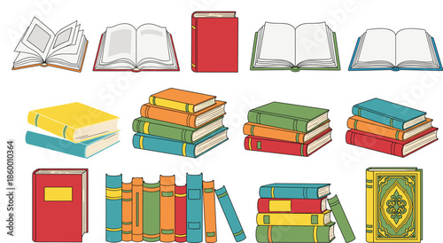 Colorful book vector set with open textbooks stacked novels and library bookshelves isolated on white background for education and literature design projects.