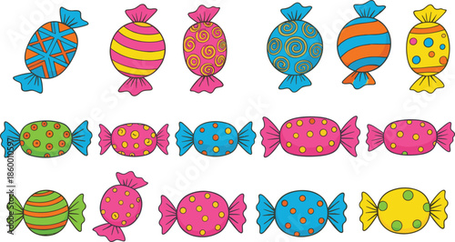 Colorful candy vector set with various wrapped sweets lollipops and sugar treats in bright patterns isolated on white background for party design.