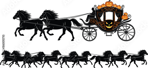 Halloween carriage vector, spooky horse cart, jack-o'-lantern transport, festive silhouette art, ornate pumpkin ride, black horses, eerie seasonal design