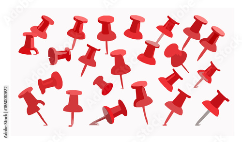 Red paper push pin and thumbtack vector collection for office paperwork equipment