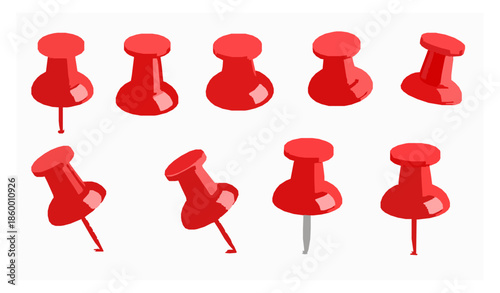 Realistic red push pin vector set with office thumbtacks and metal needles