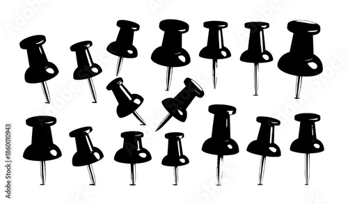 Realistic red office thumbtack and push pin vector set of stationery accessories