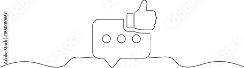 A simple line drawing of a speech bubble with a thumbs up icon