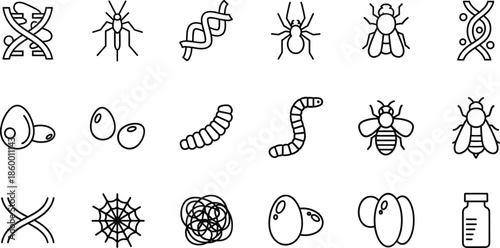 Collection of biology line icons featuring DNA helix strands, insects, spiders, larvae, eggs, bee, fly, spider web, and laboratory research equipment.