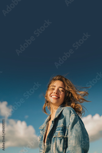 Young beautiful smiling woman in Denim Jacket with Windblown Hair Against Blue Sky with White Clouds. Copy space, aspect ratio 2:3