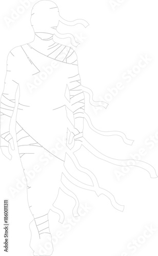 Simple Line Art Vector Outline of a Walking Mummy Wrapped in Bandages Isolated on White
