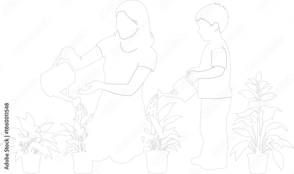 Fototapeta premium Mother and Son Watering Potted Plants Line Art Vector Outline Drawing