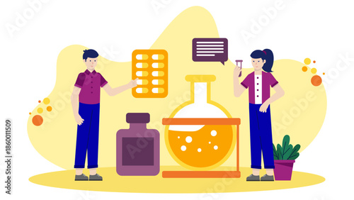 Biotechnology Firm Developing Antibiotic Alternatives. Flat Vector Illustration