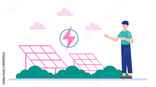 Green Energy Company Installing Community Solar Gardens. Flat Vector Illustration