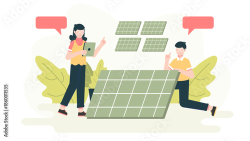 Green Energy Company Installing Community Solar Gardens. Flat Vector Illustration