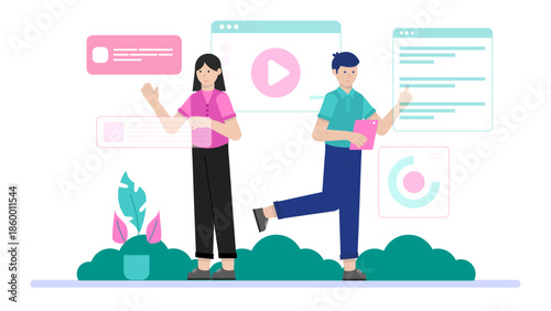 Digital Marketing Team Creating an Augmented Reality Campaign. Flat Vector Illustration