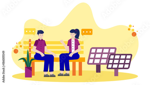 Green Energy Company Installing Community Solar Gardens. Flat Vector Illustration