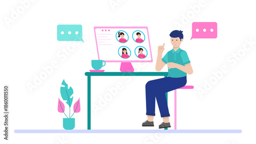 Remote Team Conducting a Virtual Cross-Cultural Training. Flat Vector Illustration