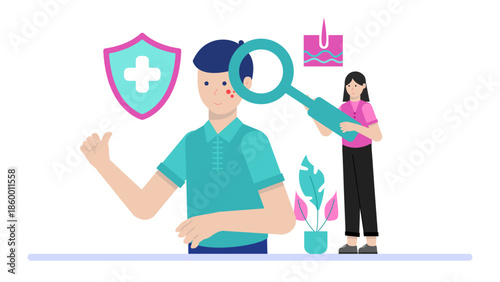 Telehealth Dermatologist Analyzing Skin Conditions. Flat Vector Illustration
